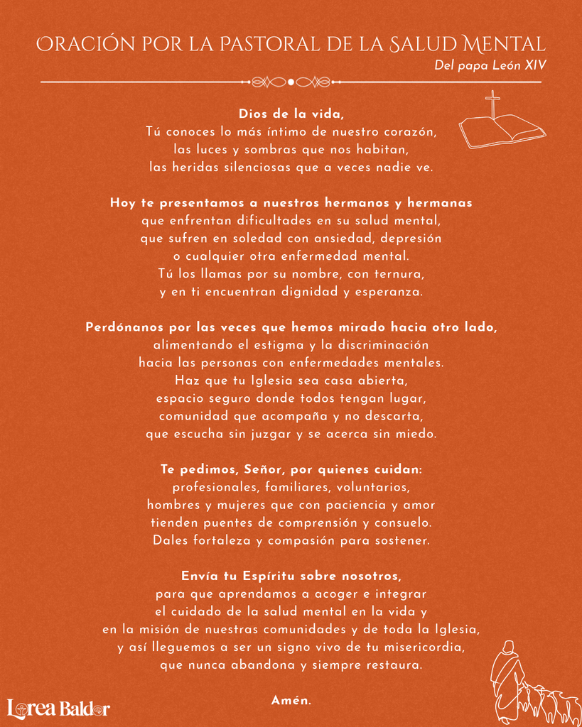 Oración por la salud mental del papa León XIV sobre fondo naranja